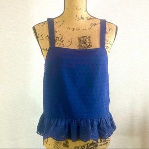 JCREW navy swiss dot tank top with ruffle trim